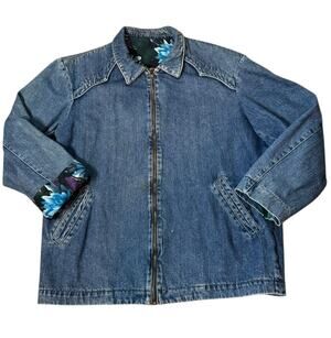 Vintage Denim Blue Jacket with Blue Purple floral lining zip closing size medium